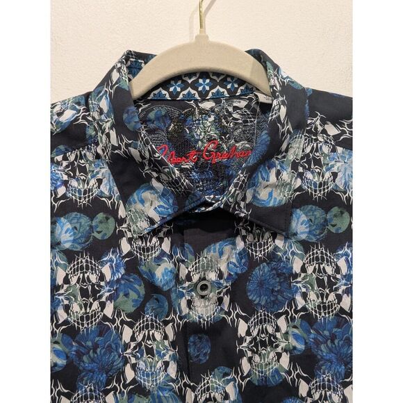 New! Robert Graham Mens Blue Black Cyber Grunge Skulls Floral Button Up Shirt, L - Picture 2 of 9